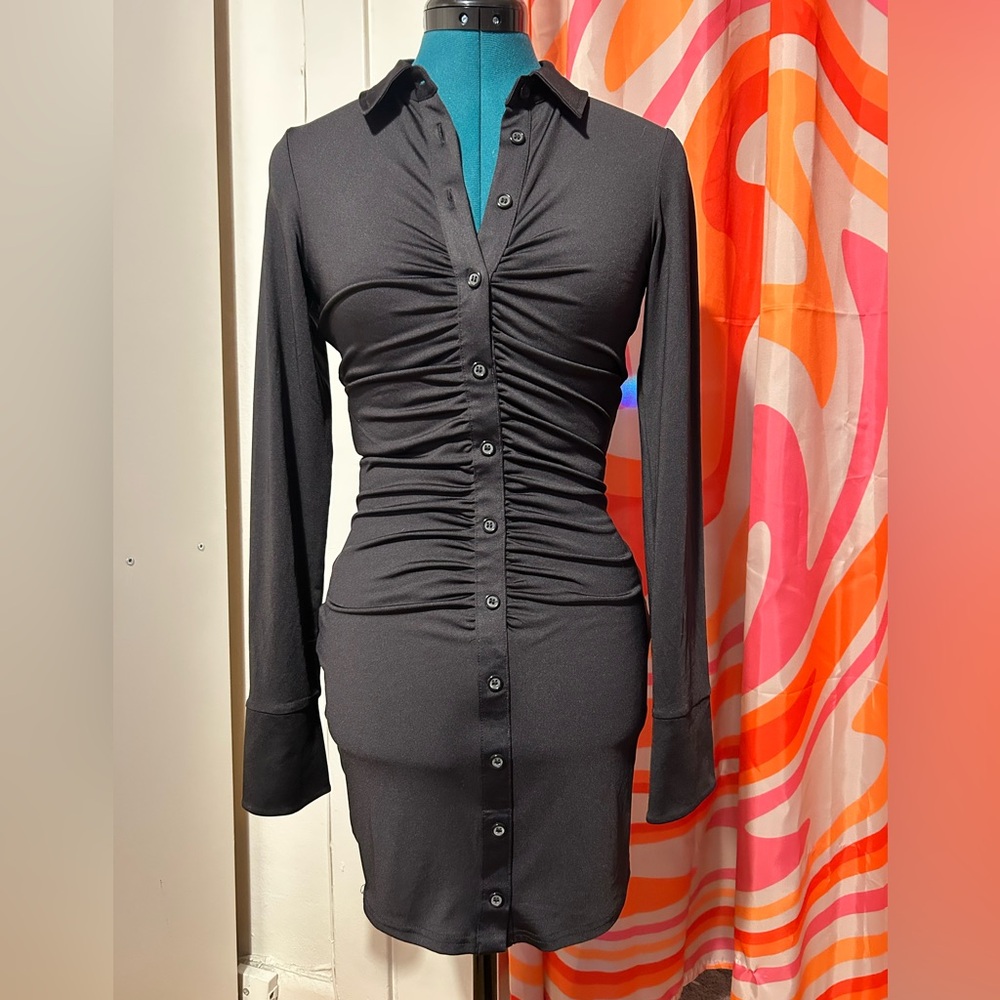 Black ruched button down slinky bodycon party mini dress